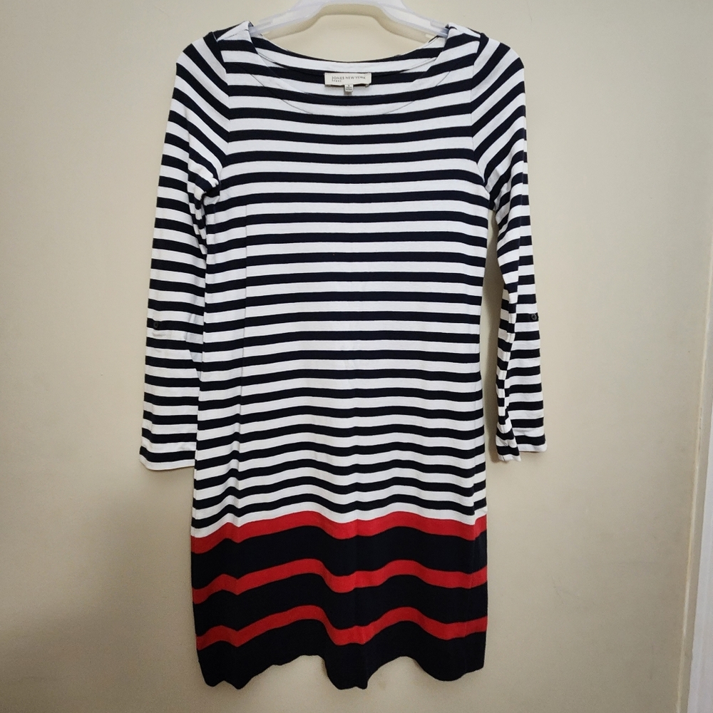 Jones New York Sports Sweater Stretch Dress Round Neck Striped Knit White S